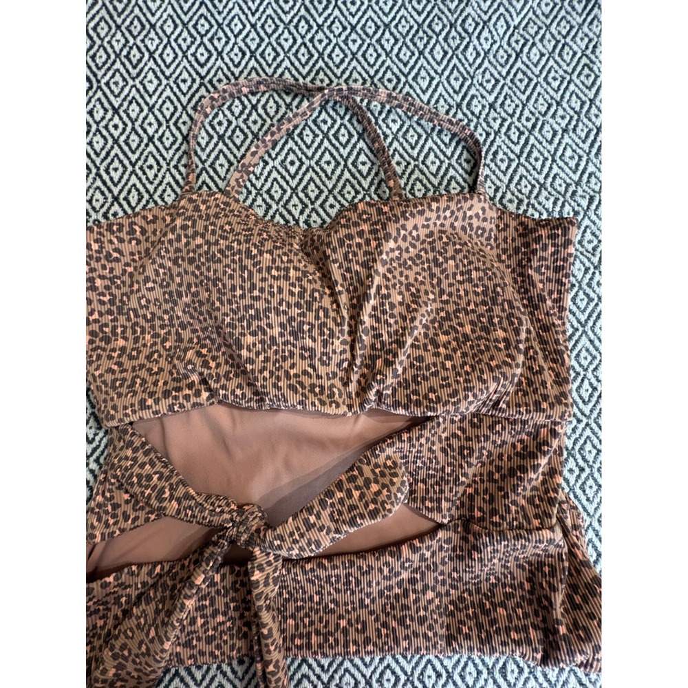 Aerie Leopard Print Ribbed Cutout One Piece Swimsuit Brown XXL Full Coverage